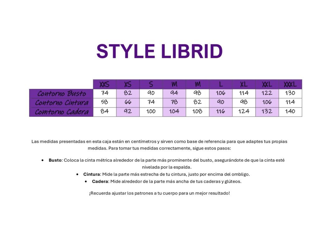 Tabla de medidas en centímetros para patrones de costura de Style Librid